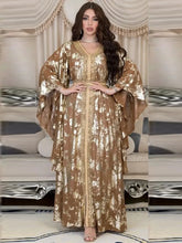 Fashion Muslim Chiffon Gold Stamping Abaya Dress for Women Lace Tape Trim V Neck Ruffle Sleeve Moroccan Jalabiya Eid
